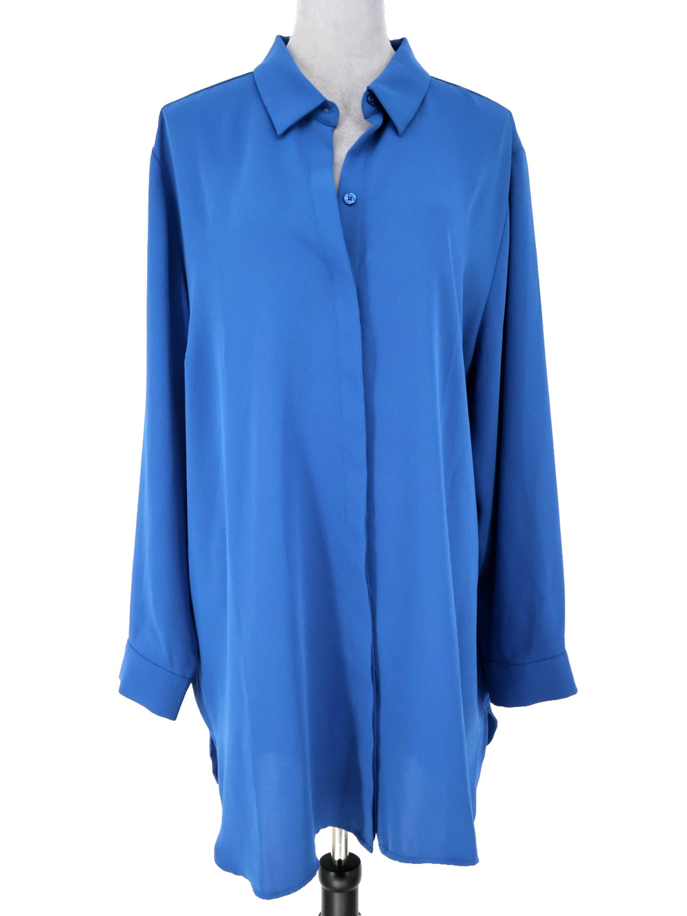 Chicos Top 4 Plus Size 20 Blue Long Tunic Blouse Collared Pleated Back Button Up